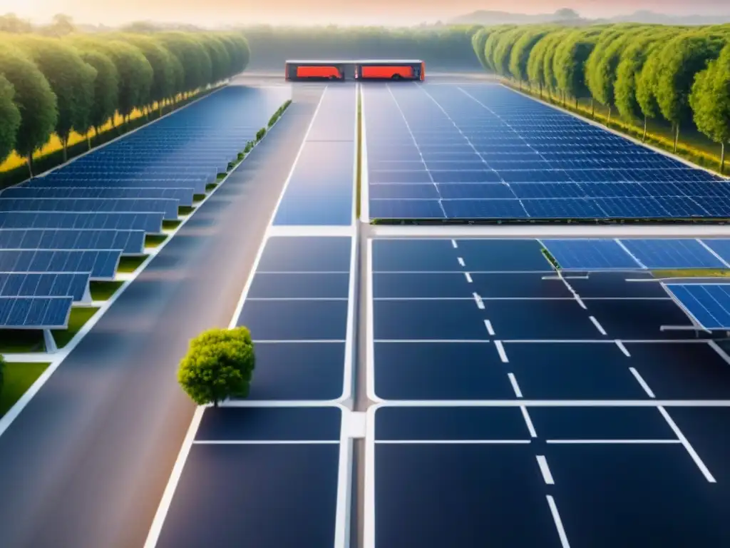 Estacionamiento sostenible y ecológico con paneles solares, cargadores EV y vegetación exuberante