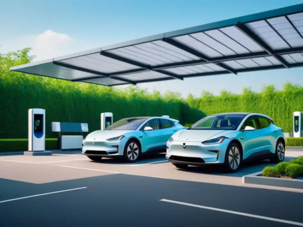 Estacionamientos sostenibles y ecológicos: Autos eléctricos cargando bajo paneles solares, rodeados de vegetación exuberante