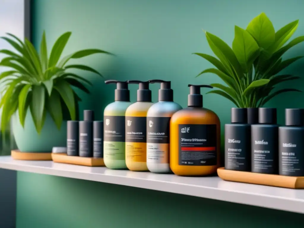 Un estante de baño moderno con productos naturales para el cabello en envases ecológicos rodeado de plantas verdes exuberantes