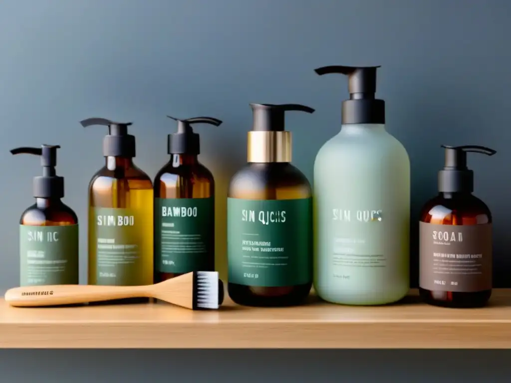 Estante ecofriendly con productos naturales y sin químicos nocivos Un estante de baño con productos ecológicos sin químicos nocivos, iluminado suavemente