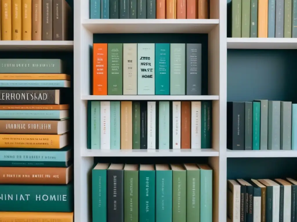 Un estante de libros organizado en tonos de colores, libros sobre vida zero waste