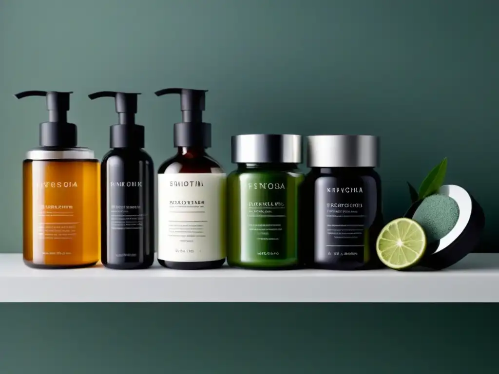 Un estante de baño lujoso con exfoliantes ecofriendly de alta gama en envases elegantes, iluminado por luz natural suave