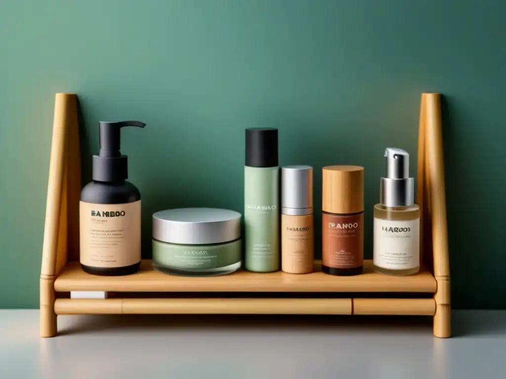 Estantería minimalista de baño con productos eco-friendly Estantería de baño minimalista con productos de maquillaje ecológicos y libres de químicos