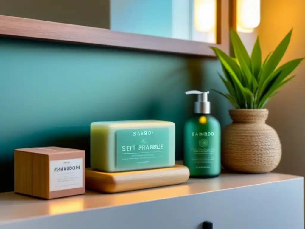 Una estantería de baño con productos plásticos en cuidado personal, resaltando su naturaleza sostenible y libre de plástico