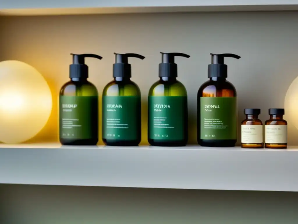 Estantería de baño con serums ecológicos en tonos verdes y marrones, reflejando luz natural