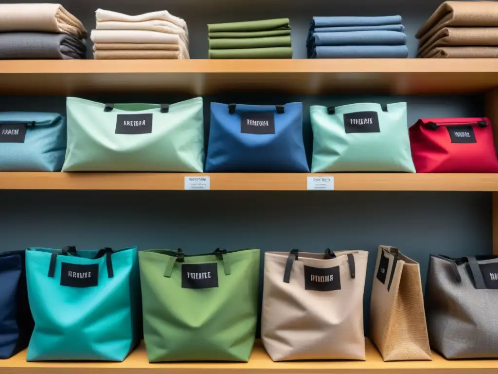 Una estantería ordenada con bolsas reutilizables ecológicas zero waste en distintos tamaños y colores, transmitiendo orden y conciencia ecofriendly