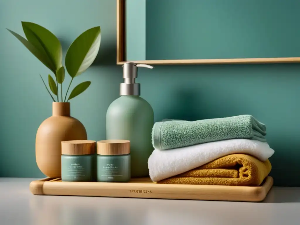 Estantería de baño ecológica con productos de higiene sin químicos, elegancia minimalista y sostenible