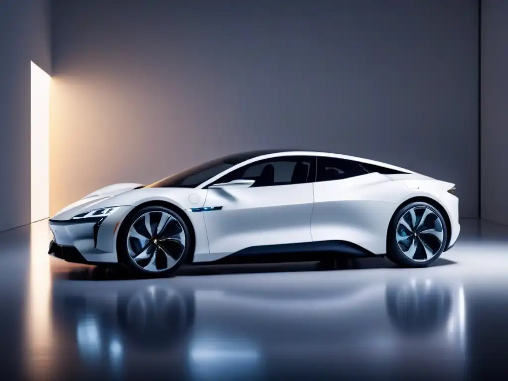 Estilizado coche eléctrico futurista en elegante sala blanca: tecnología de larga duración y alto rendimiento