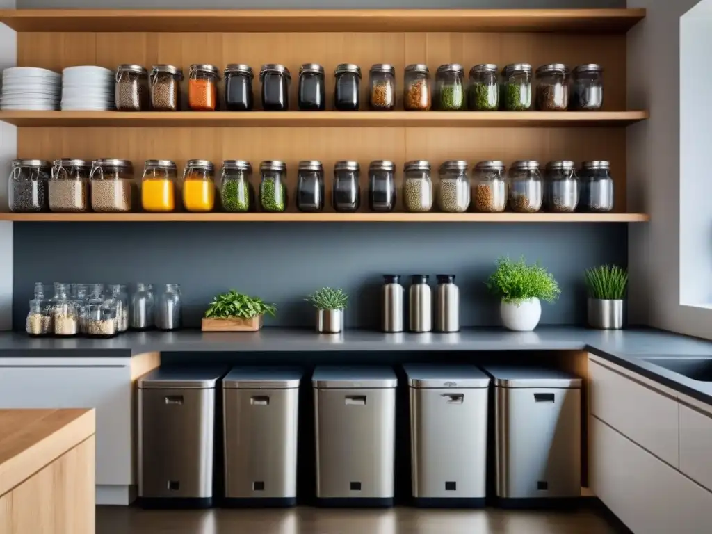 Transformación hacia estilo de vida zero waste: Cocina moderna y minimalista con contadores de acero inoxidable y organización impecable