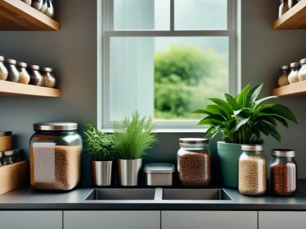 Transformación hacia estilo de vida zero waste: Cocina moderna minimalista con detalles ecofriendly y organización impecable