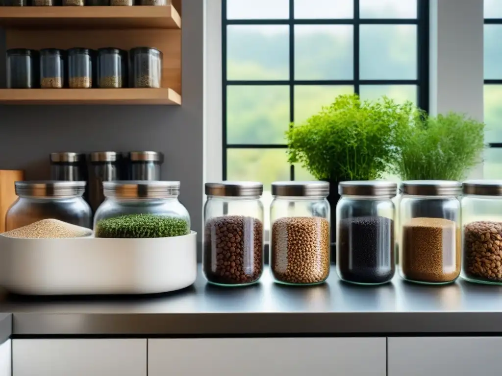 Transformación hacia estilo de vida zero waste: Cocina moderna con organización impecable de alimentos a granel y compostera elegante