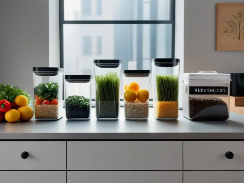 Un estilo de vida zero waste ONU en una cocina moderna y minimalista con contenedores reutilizables organizados impecablemente