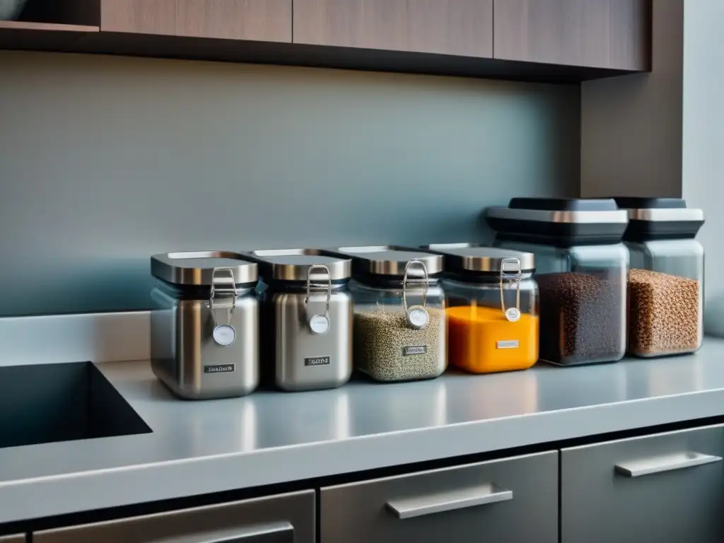 Promoción estilo de vida zero waste: Cocina moderna y minimalista con organización impecable y detalles de acero inoxidable