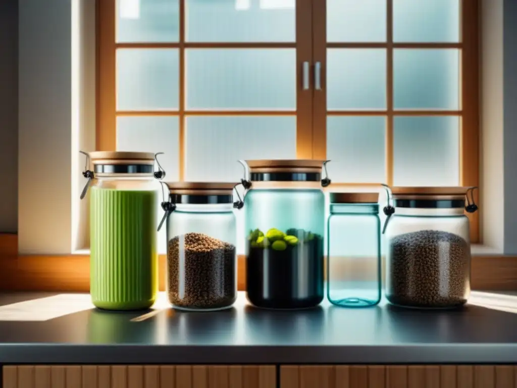 Un estilo de vida zero waste iluminado por el sol, con elementos ecofriendly en una cocina moderna y minimalista