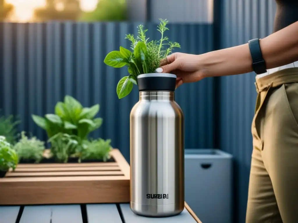 Estilo de vida zero waste: Persona con botella y bolsa reutilizables, compostera moderna y jardín de hierbas en interior minimalista