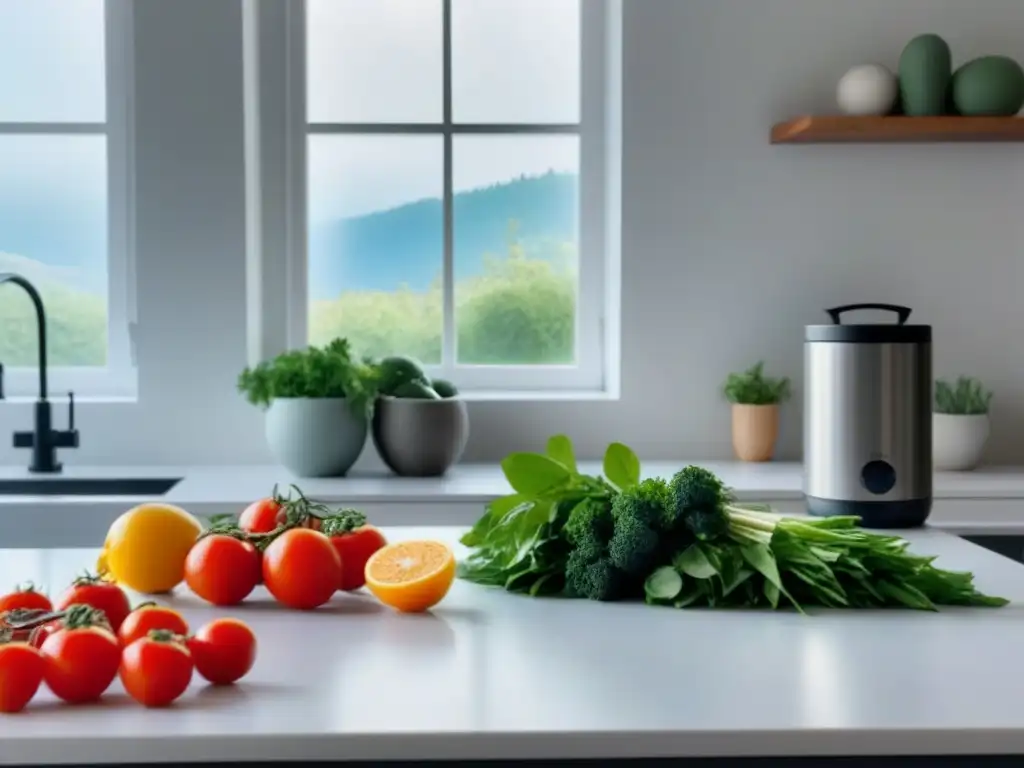 Estilo de vida sostenible zero waste: Cocina minimalista con contenedores y alimentos frescos coloridos en la encimera blanca