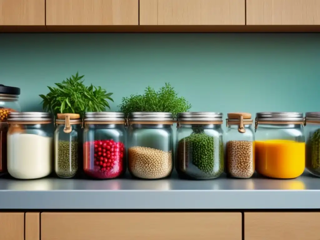 Un estilo de vida sostenible y ecoamigable en una cocina ordenada con tarros de alimentos a granel y hierbas, Desafío Zero Waste 30 días