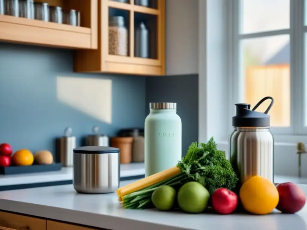 Estilo de vida zero waste en cocina blanca con utensilios ecológicos y coloridos alimentos frescos