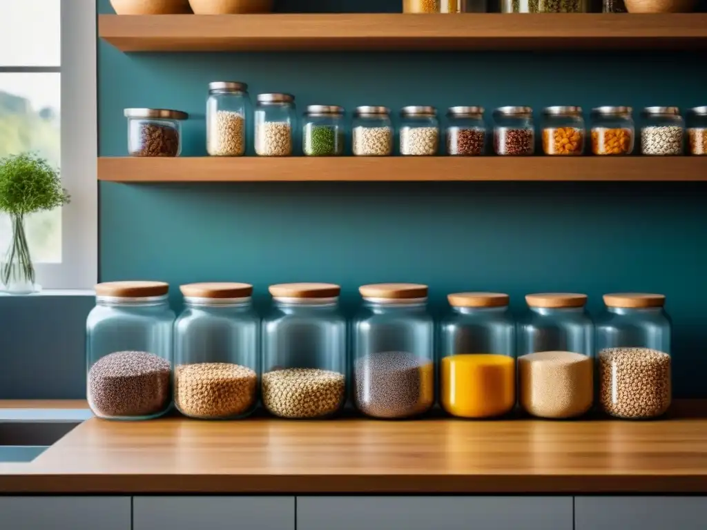 Estilo de vida zero waste en cocina moderna con frascos de vidrio y alimentos a granel