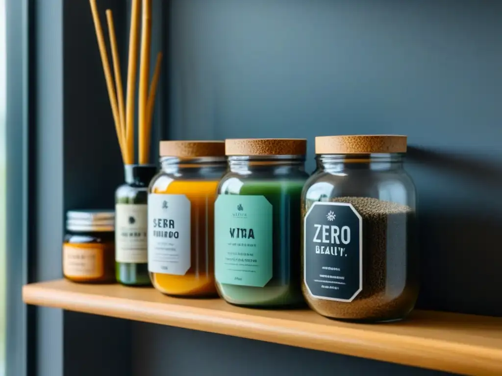 Estilo de vida zero waste en un estante de baño minimalista con productos naturales y eco friendly