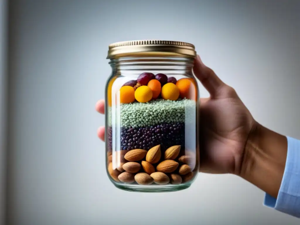 Un estilo de vida zero waste: mano sosteniendo frascos de alimentos a granel coloridos en un fondo blanco