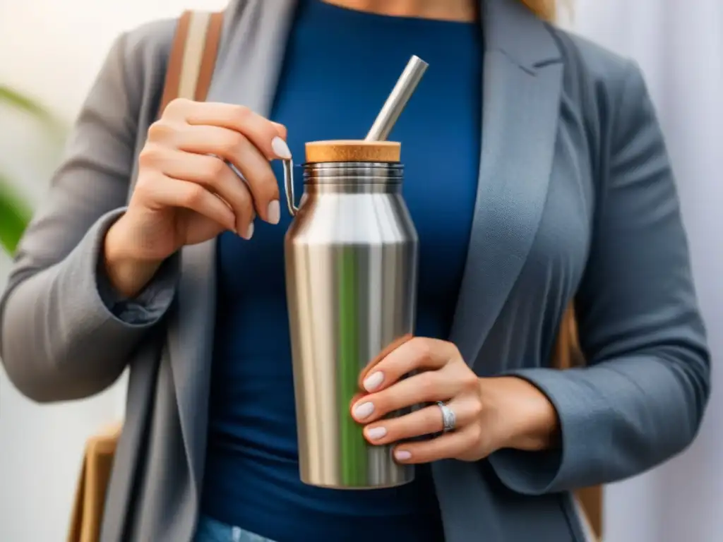 Promoción estilo de vida zero waste: mano sosteniendo objetos ecofriendly en equilibrio sobre fondo blanco