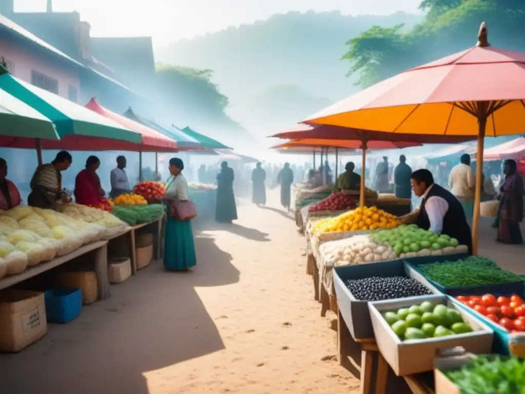 Implementando estrategias zero waste en vibrante mercado de un país en desarrollo, con diversos vendedores y productos bajo coloridos paraguas