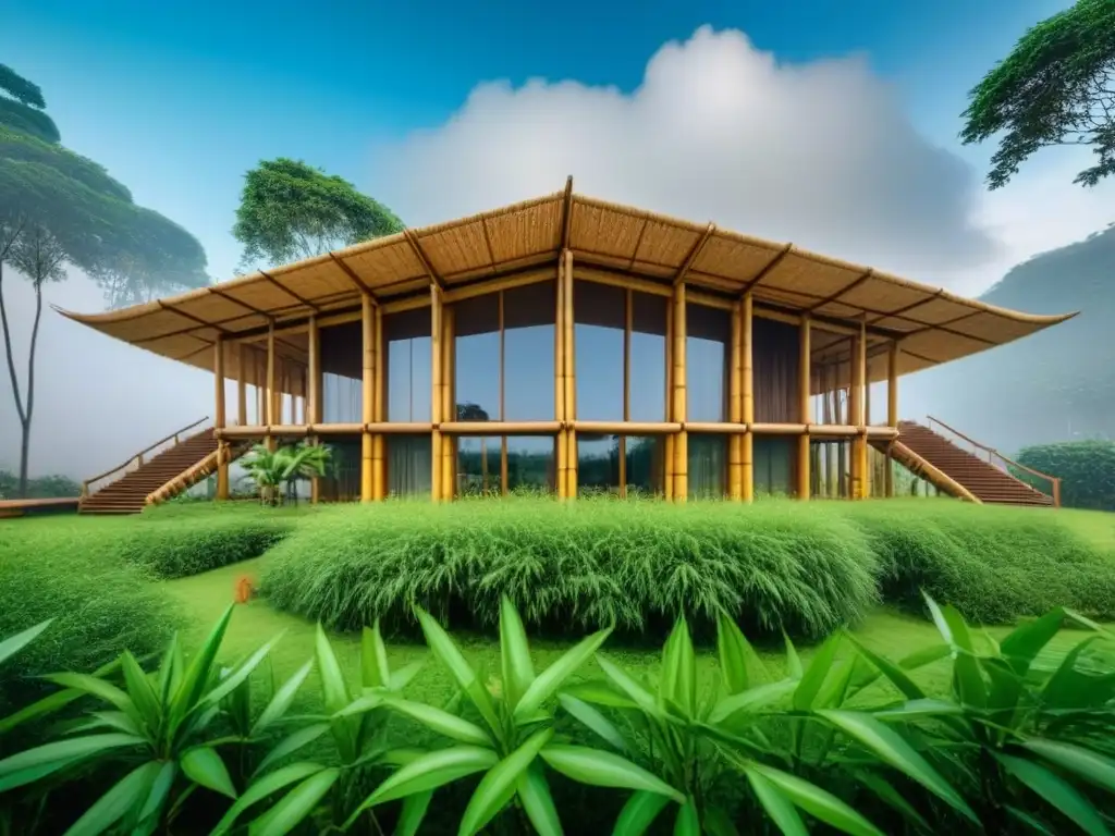 Una estructura arquitectónica moderna de bambú resalta su fuerza y flexibilidad en un diseño sostenible con la naturaleza