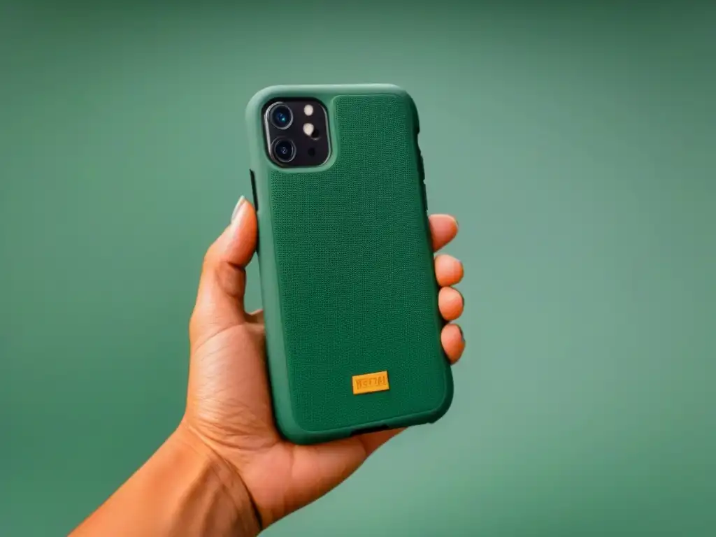 Un estuche de teléfono Pela Case, minimalista y elegante, resalta su impacto sostenible con diseño moderno y logo sutil sobre fondo blanco