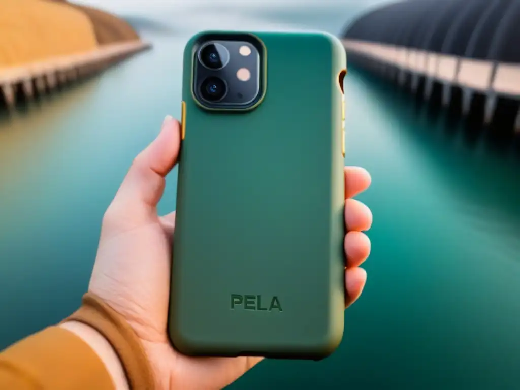 Un estuche moderno de smartphone de Pela Case, destacando su impacto sostenible con diseño minimalista