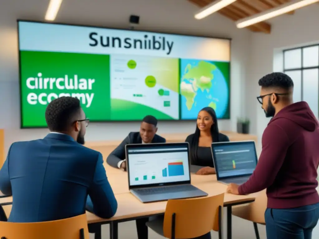 Estudiantes colaborando en actividad de economía circular en aula de educación sostenible