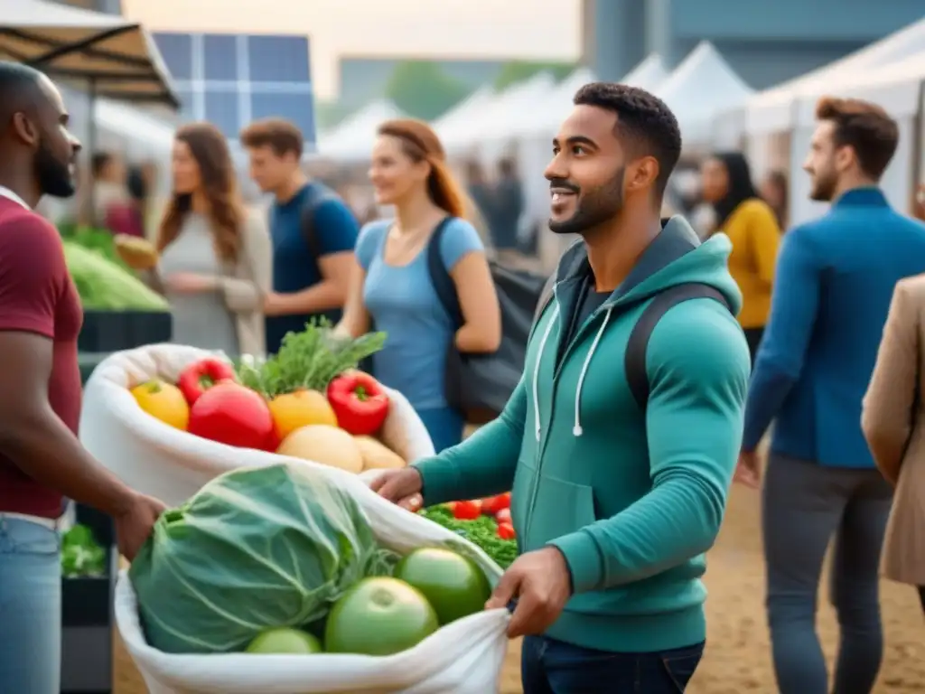 Estudiantes comprando alimentos frescos en mercado sostenible del campus universitario