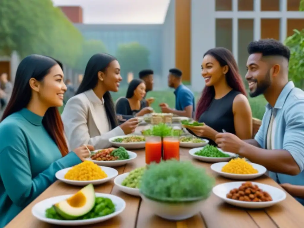 Estudiantes diversos disfrutando de una comida sostenible en la universidad