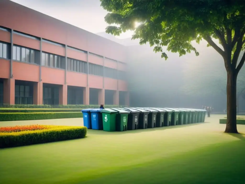 Estudiantes participan en la Cultura Zero Waste en Universidades, clasificando residuos en un patio universitario sereno y ecoamigable