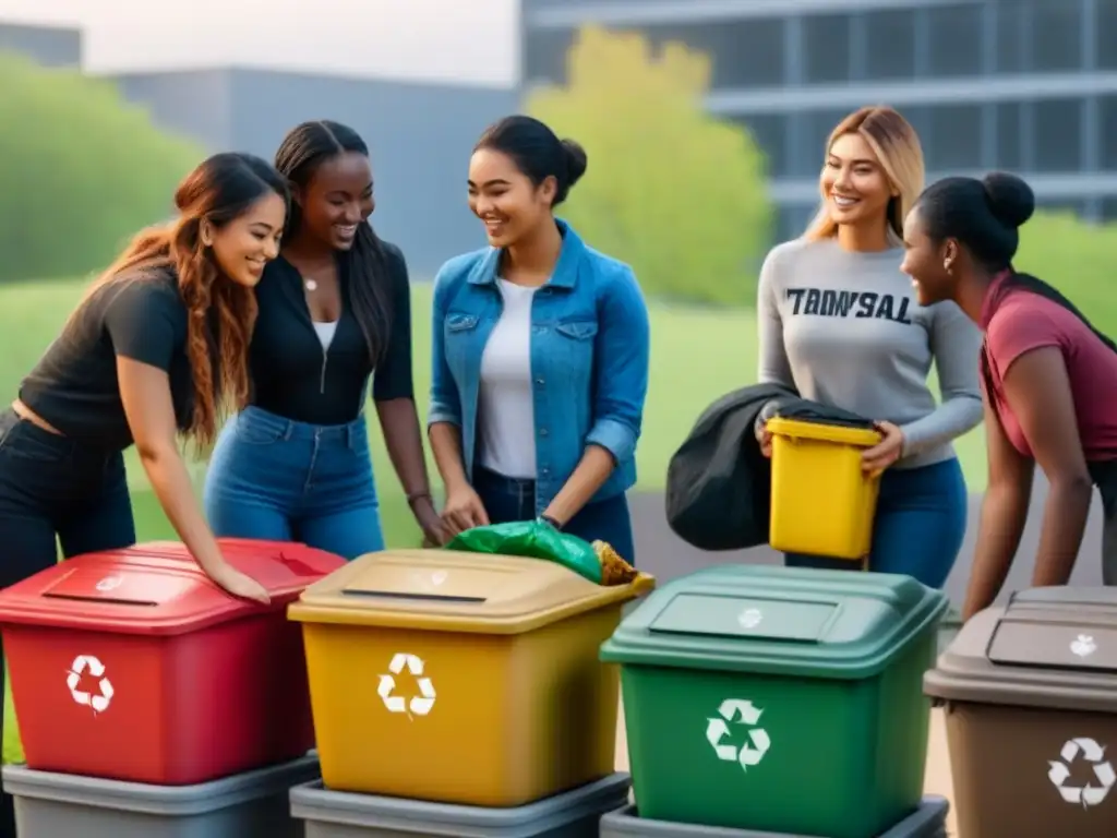 Estudiantes de diferentes culturas colaboran clasificando residuos en un campus universitario, promoviendo la Cultura Zero Waste en Universidades