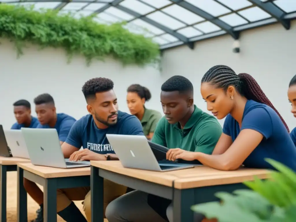 Estudiantes enfocados en aula eco sostenible con recursos educativos digitales sostenibilidad