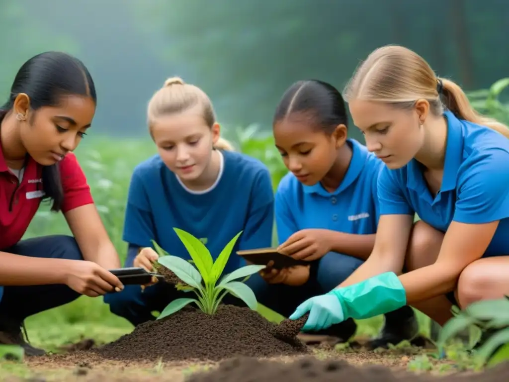 Estudiantes realizando experimento ambiental al aire libre