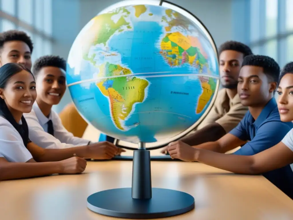 Estudiantes diversos colaboran señalando lugares en un globo terráqueo en aula moderna y sostenible