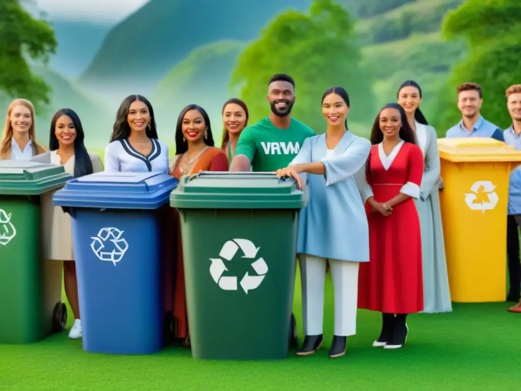 Estudiantes del mundo en atuendos tradicionales, unidos y rodeados de contenedores de reciclaje