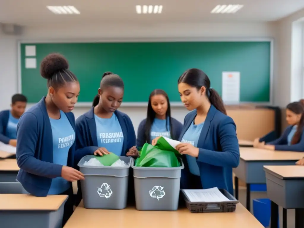 Estudiantes aprendiendo sobre sostenibilidad en un aula vibrante con diseño minimalista