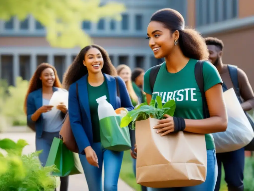 Estudiantes universitarios en campus sostenible, practicando estilo de vida sostenible campus con plantaciones y reciclaje