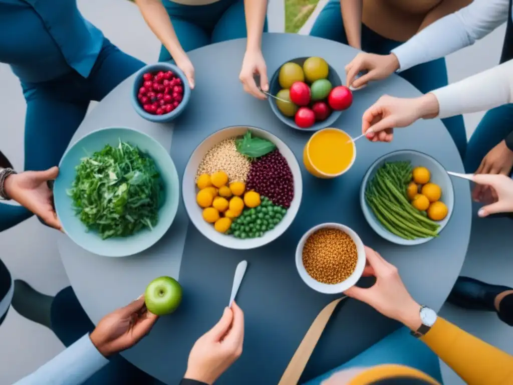 Estudiantes universitarios disfrutan de una comida vegetal, destacando la alimentación sostenible