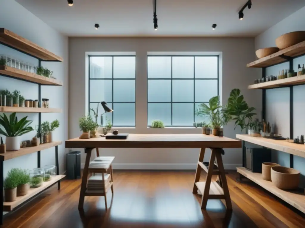 Estudio de arte minimalista y sostenible con vida verde, luz natural y ambiente creativo