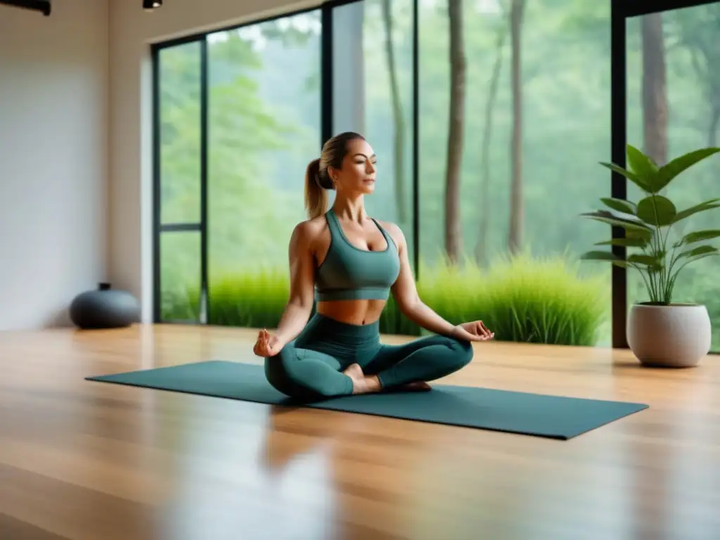 Estudio de yoga en el bosque con luz natural, suelos de madera y plantas en macetas