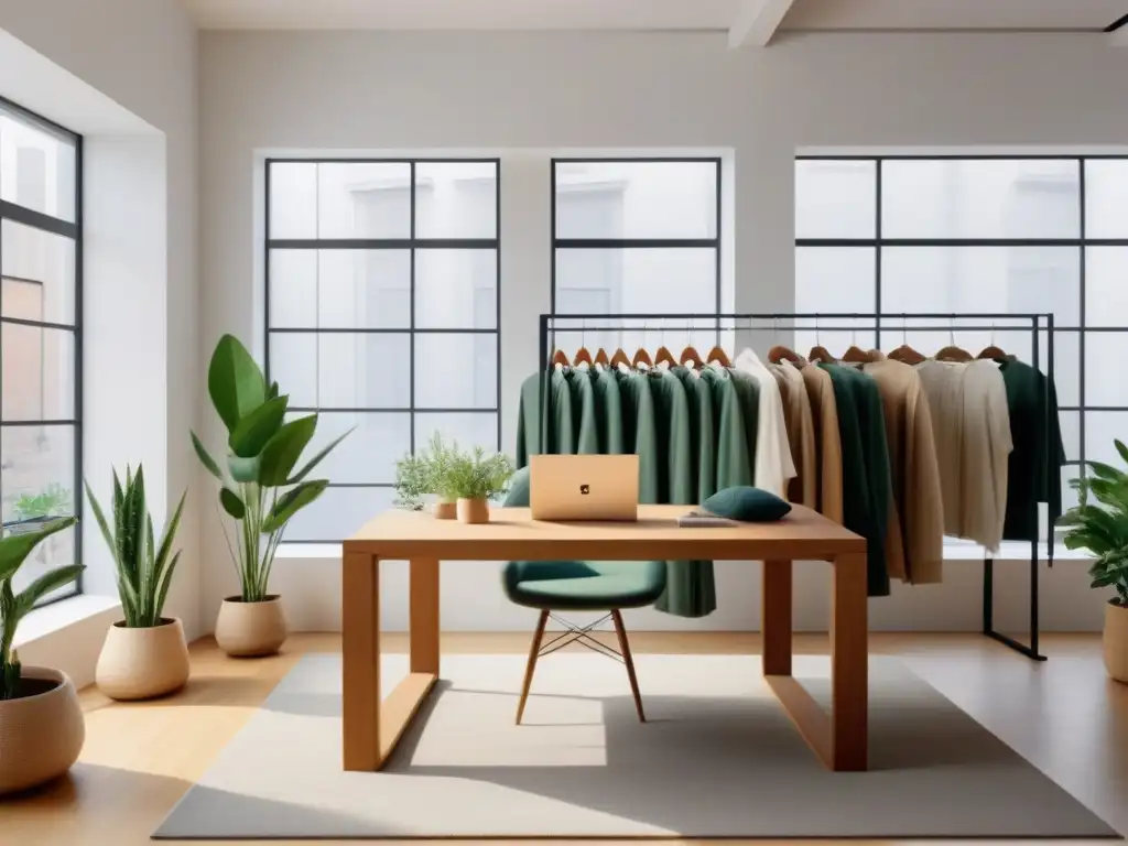 Estudio de marca de ropa sostenible: ambiente sereno y ecofriendly con prendas en tonos suaves y diseño moderno