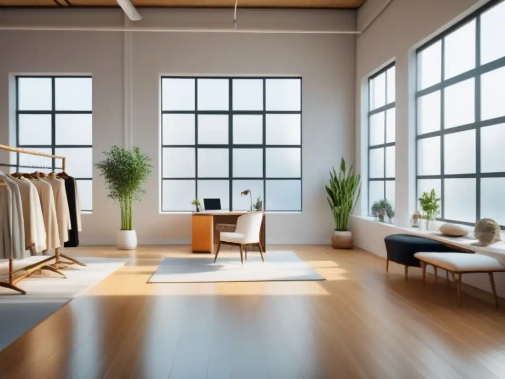 Diseño de moda sostenible en estudio luminoso Un estudio de moda sostenible con diseño minimalista, materiales eco y elegantes diseños inspirados en economía circular