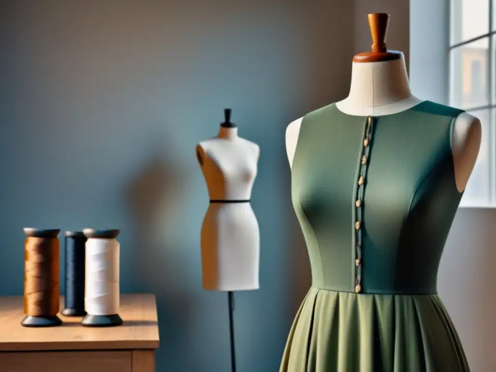 Un estudio sereno con maniquí eco-friendly y prendas zero waste, destacando técnicas diseño moda zero waste