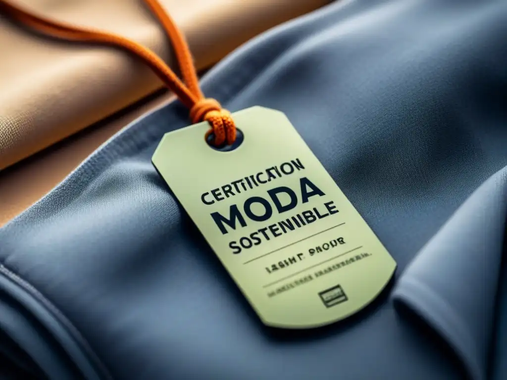 Etiqueta de ropa ecofriendly con 'Certificación en Moda Sostenible' en tonos tierra y tipografía moderna sobre fondo neutro