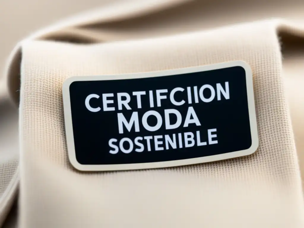 Etiqueta de ropa elegante con 'Certificaciones moda sostenible' en fuente moderna sobre fondo neutro, transmitiendo calidad y conciencia ecológica