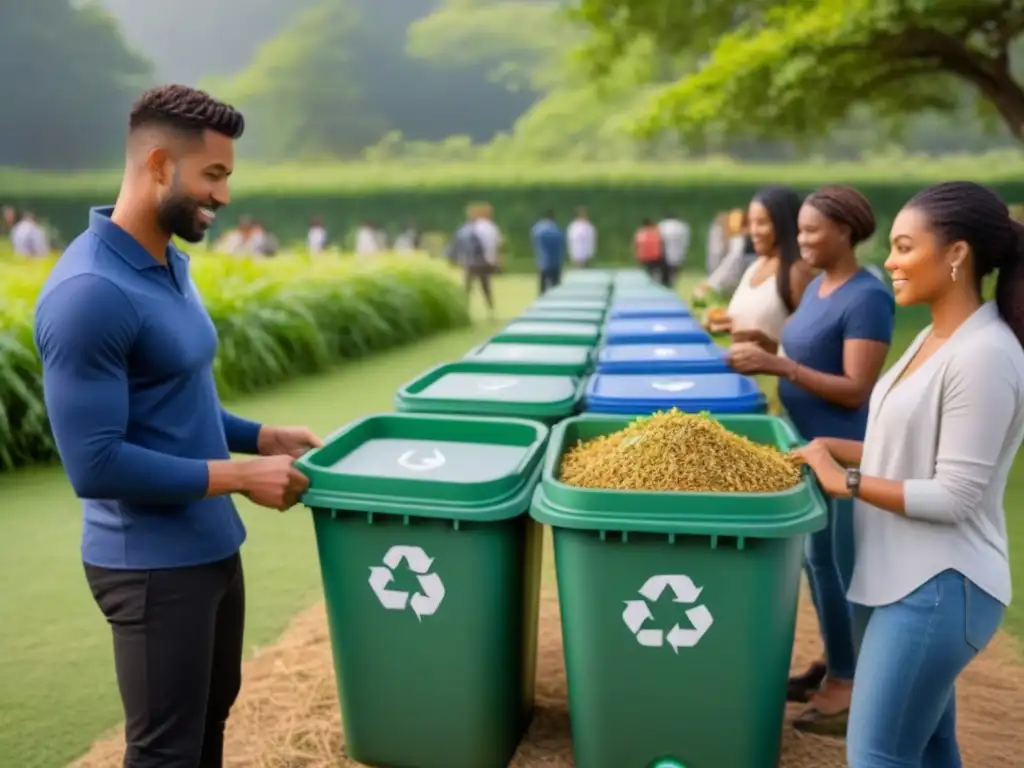 Evento comunitario zero waste: clasificación de residuos en un parque decorado, promoviendo la sostenibilidad ambiental